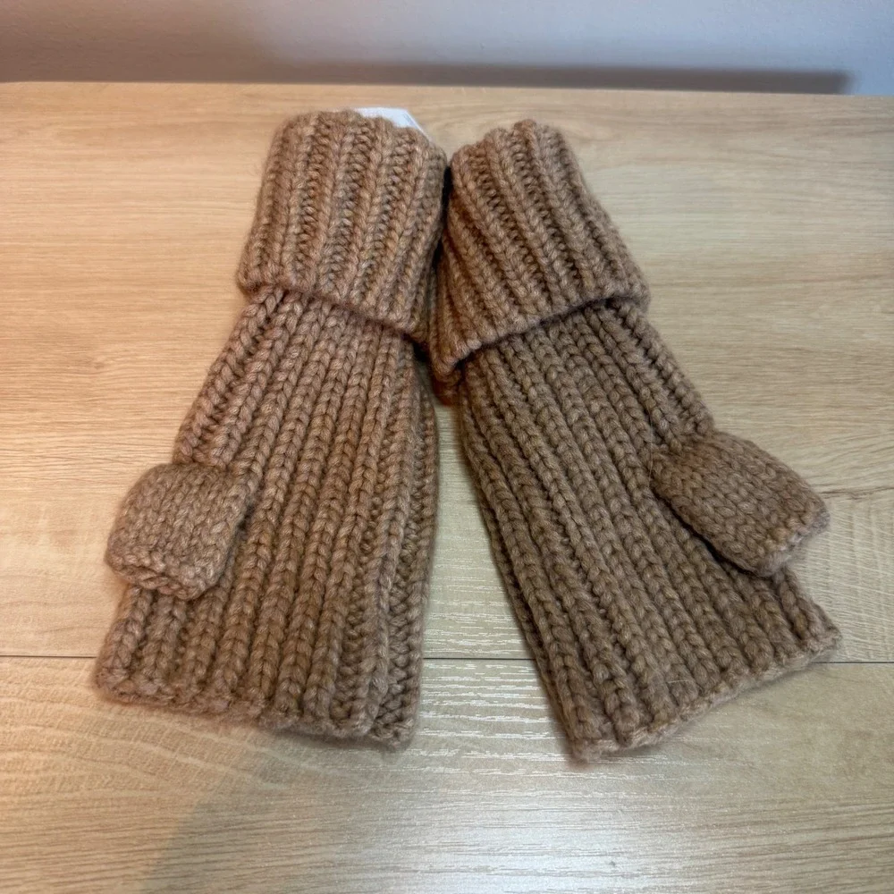 UGG Chunky Fingerless Cuff Gloves Camel Brown Wool Blend Ribbed Knit  NEW